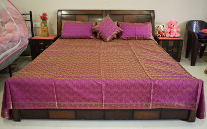 Banarasi Bed Cover Set Indian Ethnic Traditional Woven Resham Brocade Magenta
