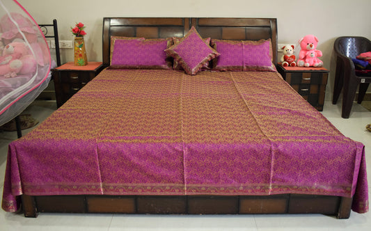 Banarasi Bed Cover Set Indian Ethnic Traditional Woven Resham Brocade Magenta