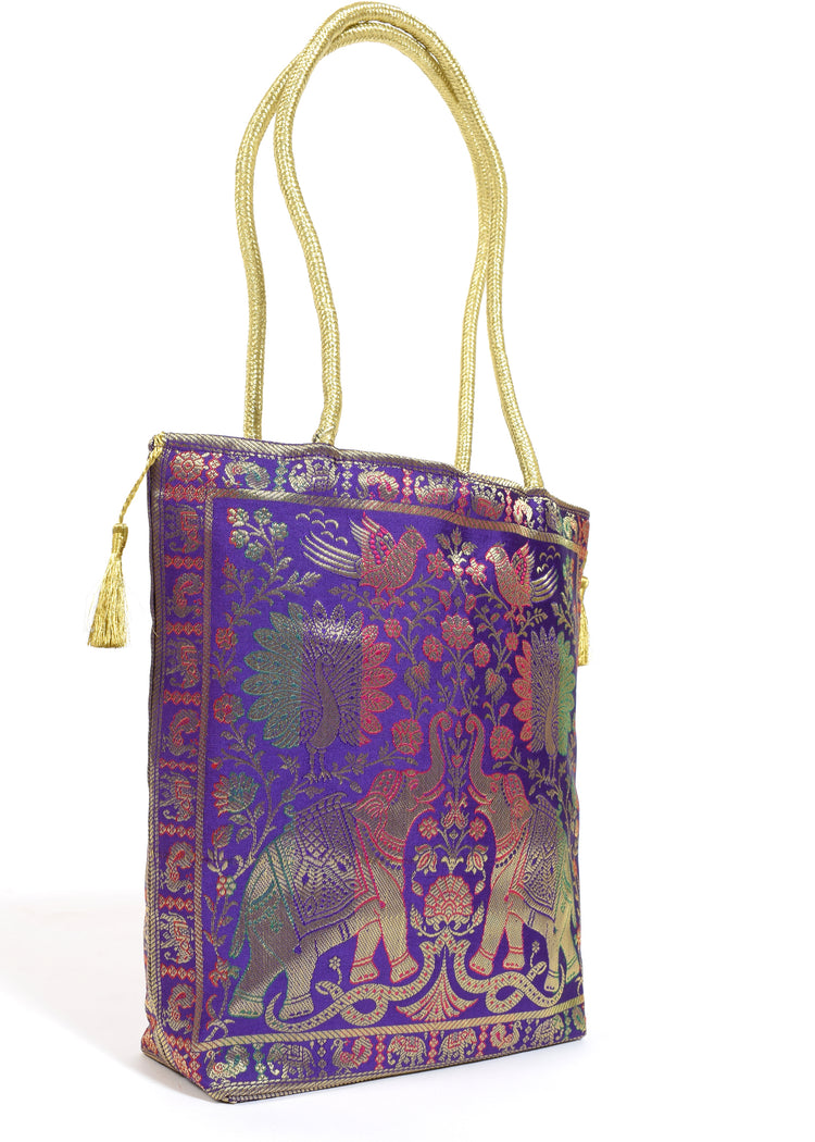 Purple Blue Ethnic Woven Zari Brocade Fabric Handbag Elephant Shoulder Hand Bag