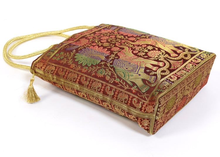 Brown Indian Ethnic Woven Zari Brocade Fabric Handbag Elephant Shoulder Hand Bag