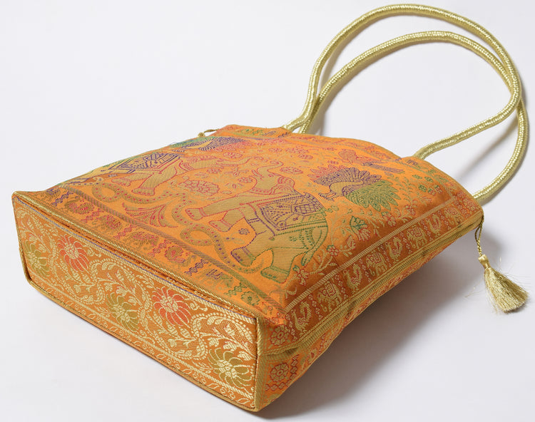 Mustard Indian Woven Zari Brocade Fabric Handbag Elephant Shoulder Hand Bag