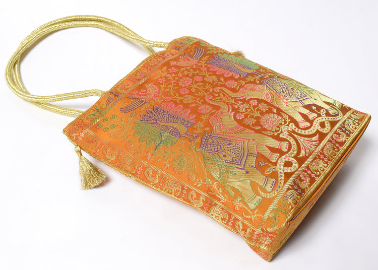 Mustard Indian Woven Zari Brocade Fabric Handbag Elephant Shoulder Hand Bag