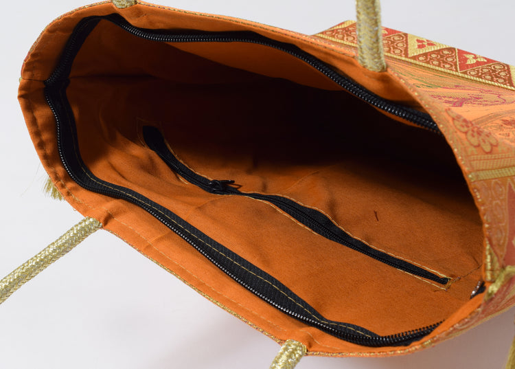 Light Orange Ethnic Woven Zari Brocade Fabric Handbag Elephant Shoulder Hand Bag