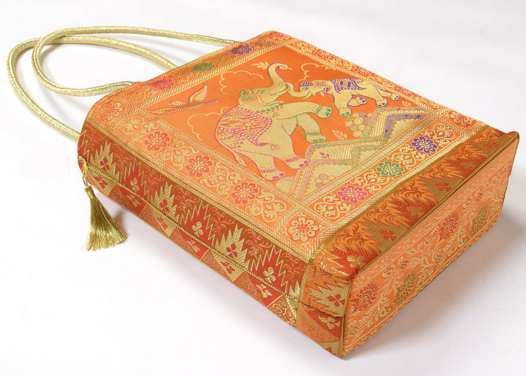 Light Orange Ethnic Woven Zari Brocade Fabric Handbag Elephant Shoulder Hand Bag
