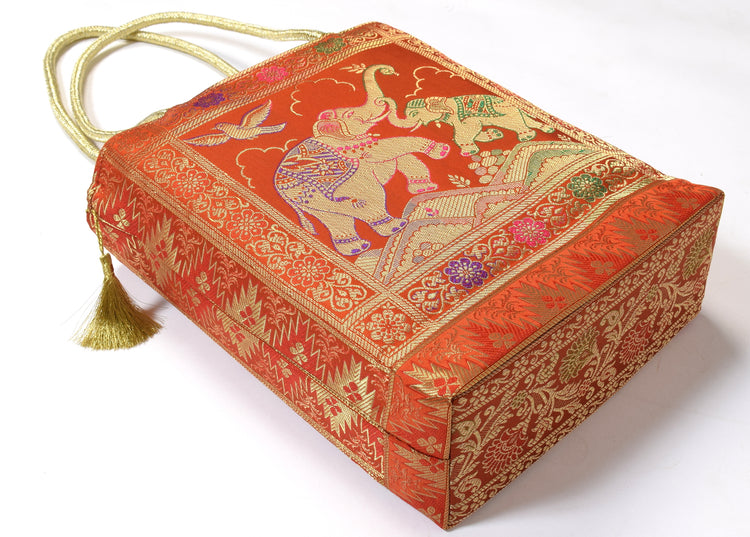 Orange Ethnic Woven Zari Brocade Fabric Handbag Elephant Shoulder Hand Bag