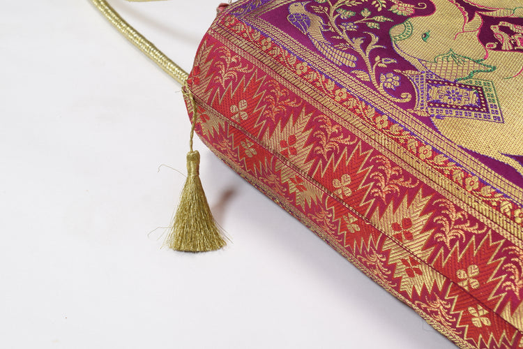 Purple Ethnic Woven Zari Brocade Fabric Handbag Elephant Shoulder Hand Bag