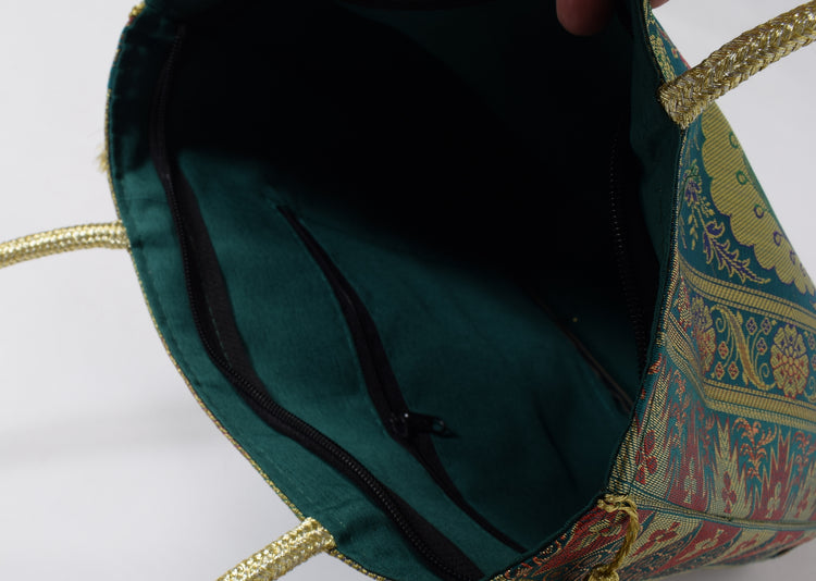 Green Indian Ethnic Woven Zari Brocade Fabric Handbag Peacock Shoulder Hand Bag