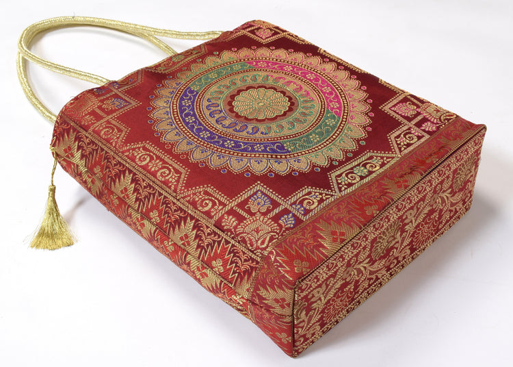 Maroon Indian Ethnic Woven Zari Brocade Fabric Handbag Mandala Shoulder Hand Bag