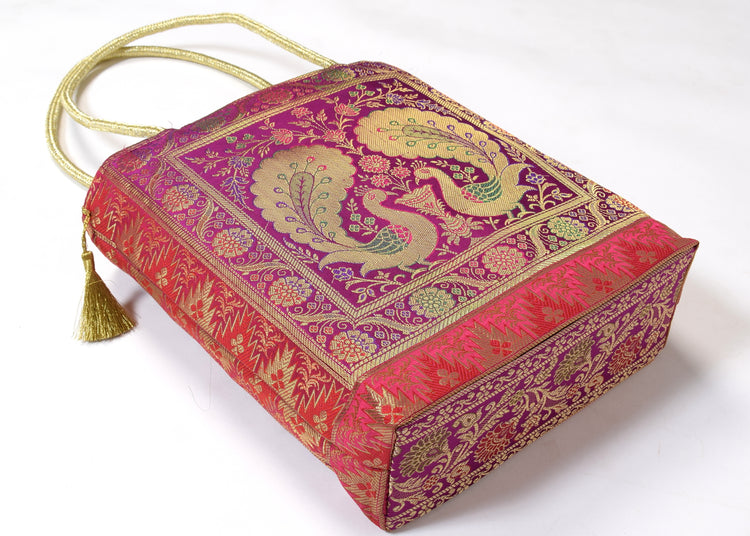 Purple Indian Ethnic Woven Zari Brocade Fabric Handbag Peacock Shoulder Hand Bag