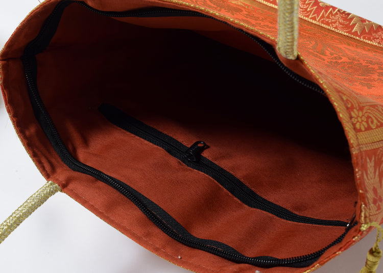 Rust Indian Ethnic Woven Zari Brocade Fabric Handbag Floral Shoulder Hand Bag