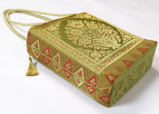 Green Indian Ethnic Woven Zari Brocade Fabric Handbag Floral Shoulder Hand Bag