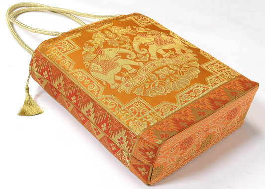Mustard Ethnic Woven Zari Brocade Fabric Handbag Elephant Shoulder Hand Bag