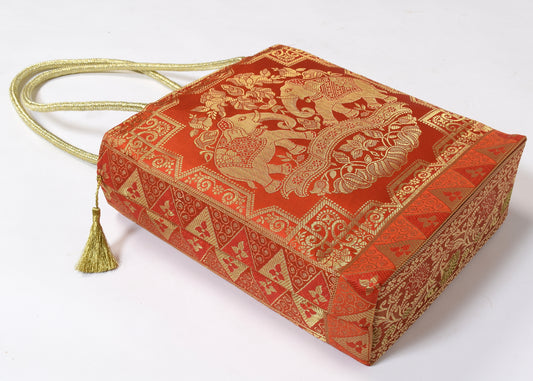 Orange Ethnic Woven Zari Brocade Fabric Handbag Elephant Shoulder Hand Bag
