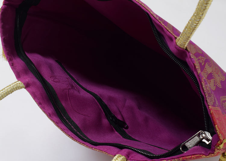 Purple Ethnic Woven Zari Brocade Fabric Handbag Elephant Shoulder Hand Bag