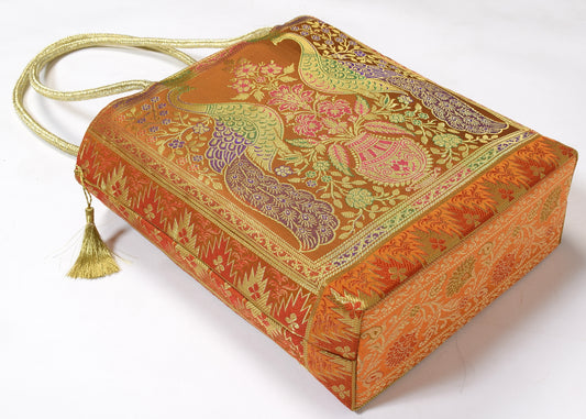 Mustard Ethnic Woven Zari Brocade Fabric Handbag Peacock Shoulder Hand Bag