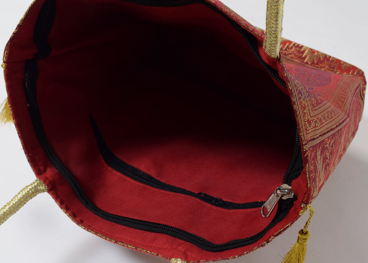Red Indian Ethnic Woven Zari Brocade Fabric Handbag Peacock Shoulder Hand Bag