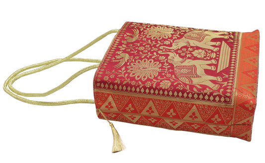 Red Indian Ethnic Woven Zari Brocade Fabric Handbag Elephant Shoulder Hand Bag