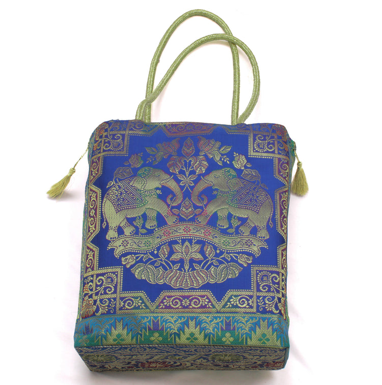 Blue Indian Ethnic Woven Zari Brocade Fabric Handbag Elephant Shoulder Hand Bag