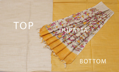 Khadi Cotton Silk Cream Dress Material Printed Bhagalpuri Salwar Kameez Dupatta