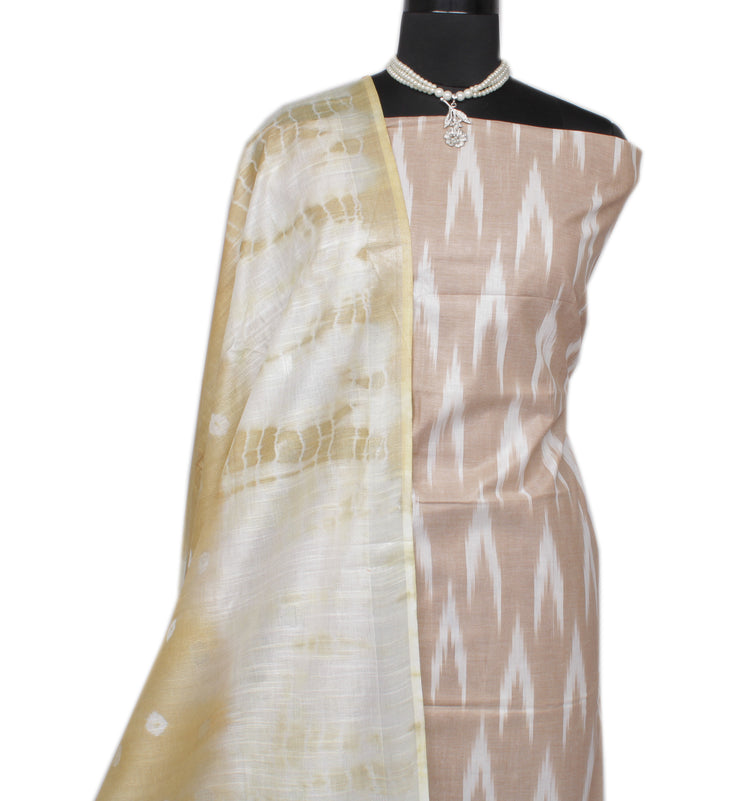 Pure Cotton Brown Dress Material Woven Ikaat Bhagalpuri Salwar Kameez Dupatta
