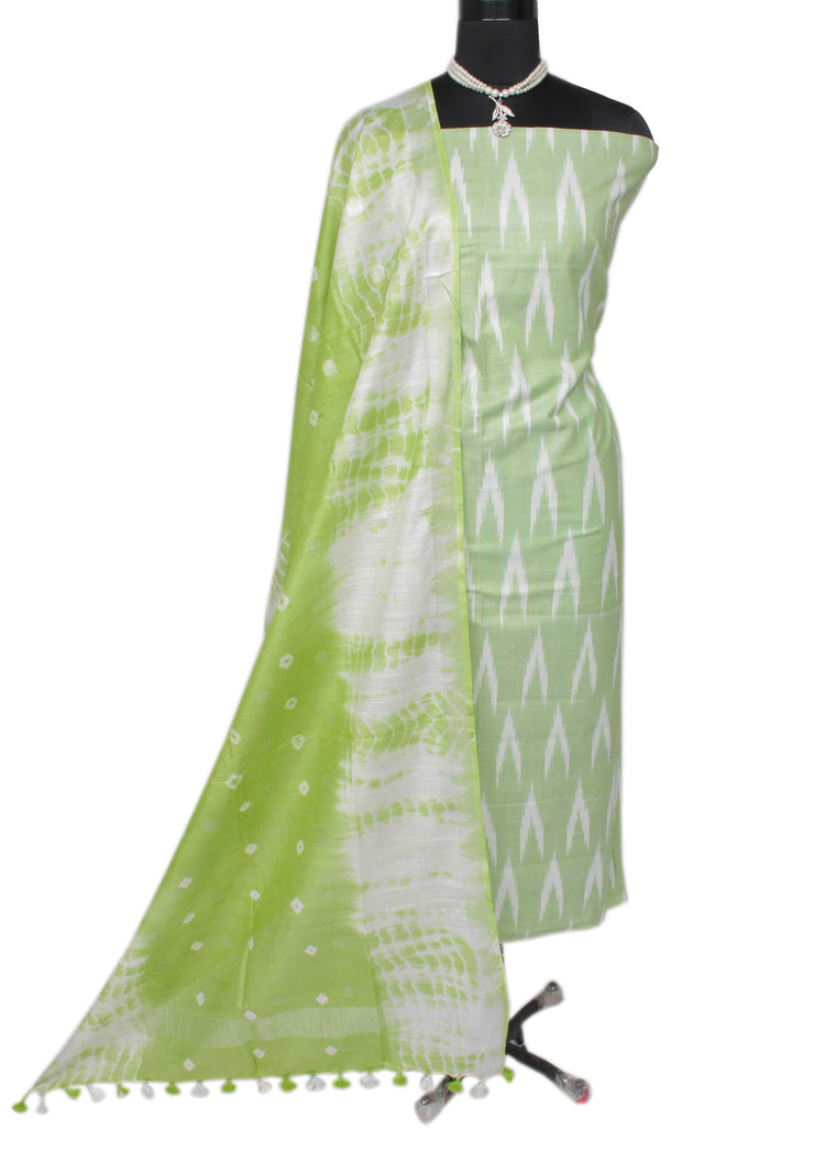 Pure Cotton Green Dress Material Woven Ikaat Bhagalpuri Salwar Kameez Dupatta