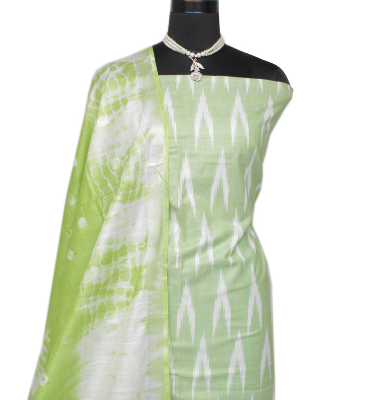 Pure Cotton Green Dress Material Woven Ikaat Bhagalpuri Salwar Kameez Dupatta