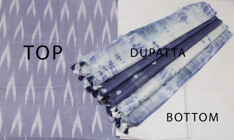 Pure Cotton Blue Dress Material Woven Ikaat Bhagalpuri Salwar Kameez Dupatta Set