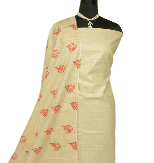 Khadi Cotton Silk Cream Dress Material Printed Bhagalpuri Salwar Kameez Dupatta