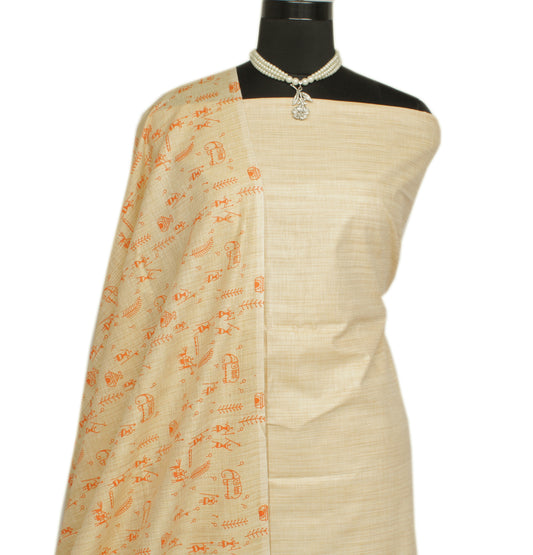 Khadi Cotton Silk Cream Dress Material Printed Bhagalpuri Salwar Kameez Dupatta