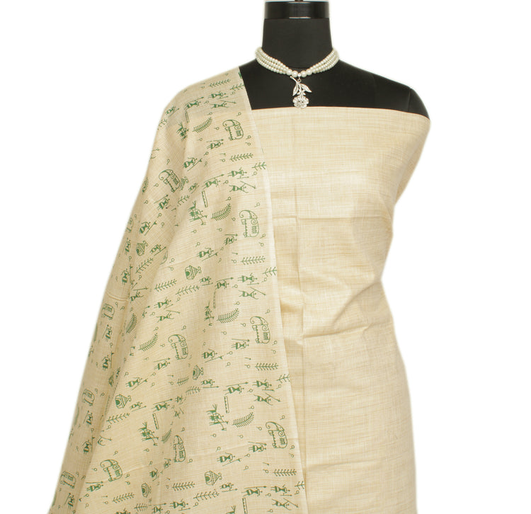 Khadi Cotton Silk Cream Dress Material Printed Bhagalpuri Salwar Kameez Dupatta