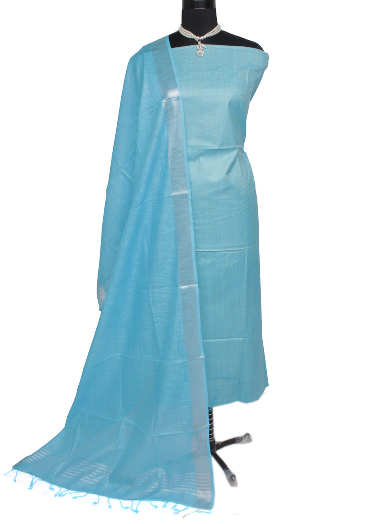 Cotton Silk Blue Dress Material Woven Bhagalpuri Salwar Kameez Dupatta Set