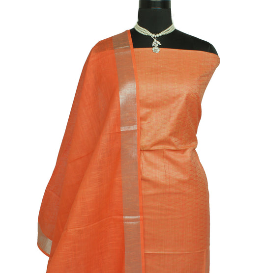 Cotton Silk Peach Dress Material Woven Bhagalpuri Salwar Kameez Dupatta Set