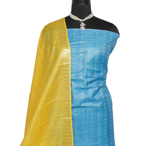 Blend Katan Silk Blue Dress Material Woven Bhagalpuri Salwar Kameez Dupatta Set