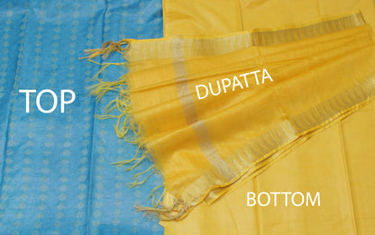 Blend Katan Silk Blue Dress Material Woven Bhagalpuri Salwar Kameez Dupatta Set