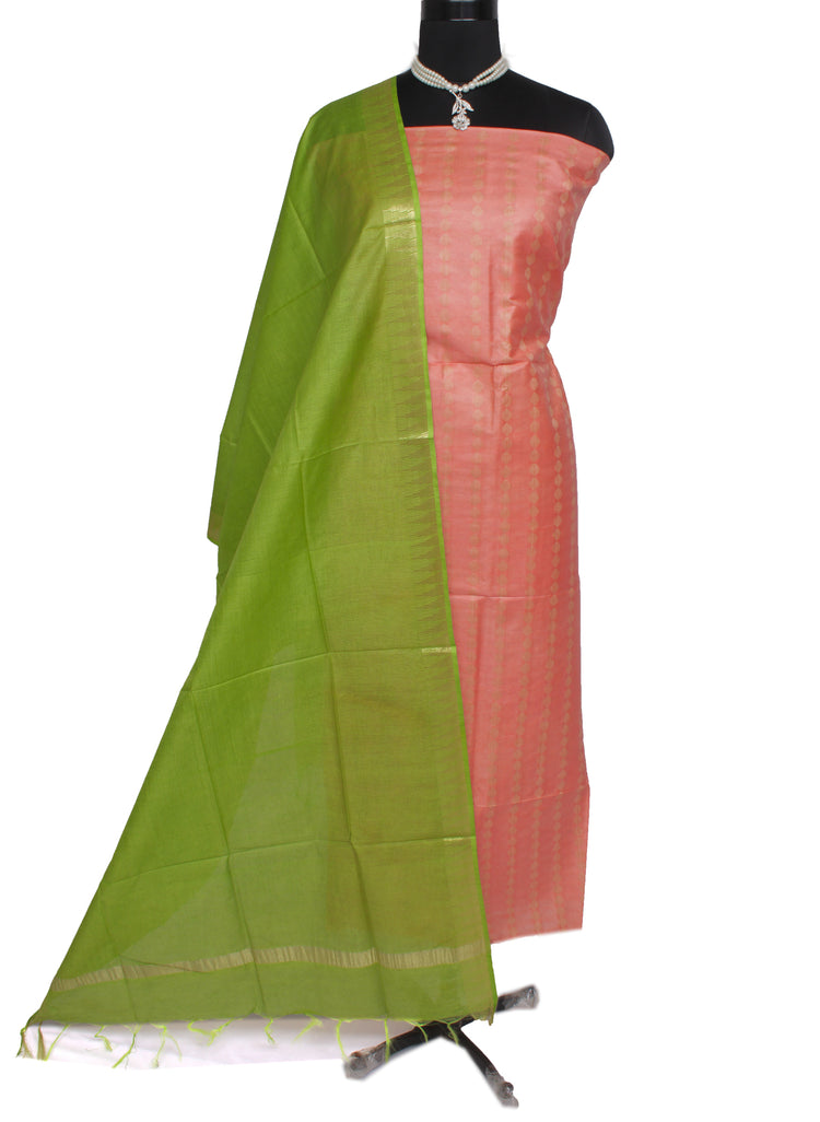 Blend Katan Silk Peach Dress Material Woven Bhagalpuri Salwar Kameez Dupatta Set