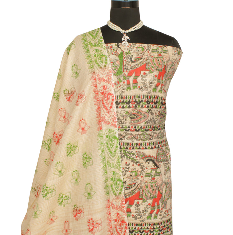 Pure Cotton Cream Dress Material Woven Printed Bhagalpuri Salwar Kameez Dupatta