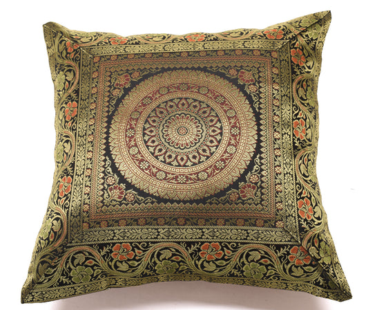 16x16 Inch Indian Woven Zari Brocade Banarasi Silk Mandala Cushion Covers Black