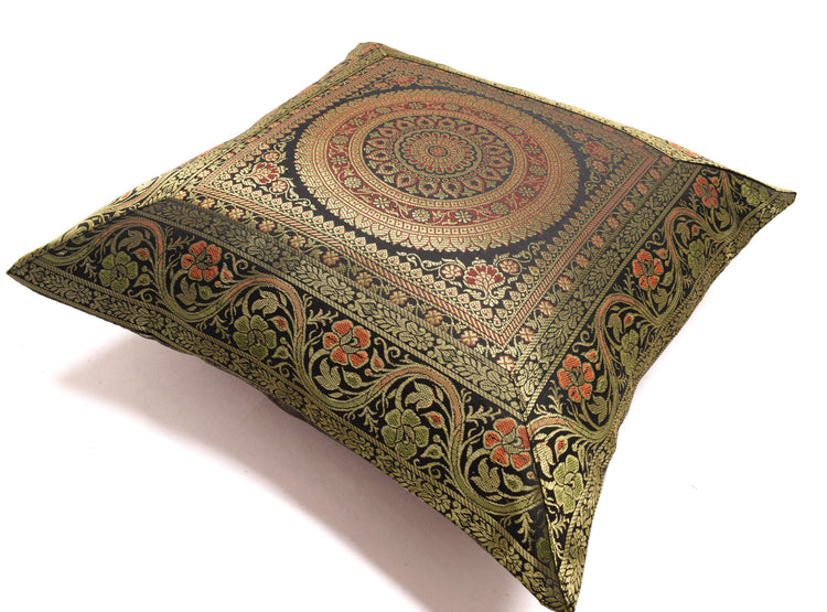 16x16 Inch Indian Woven Zari Brocade Banarasi Silk Mandala Cushion Covers Black