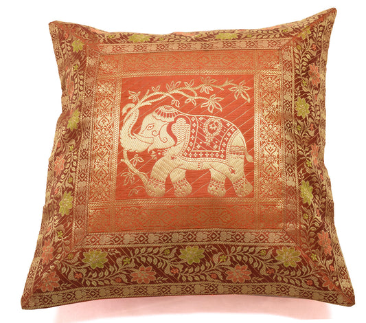 17x17 Inch Indian Woven Zari Brocade Banarasi Silk Elephant Cushion Covers Rust