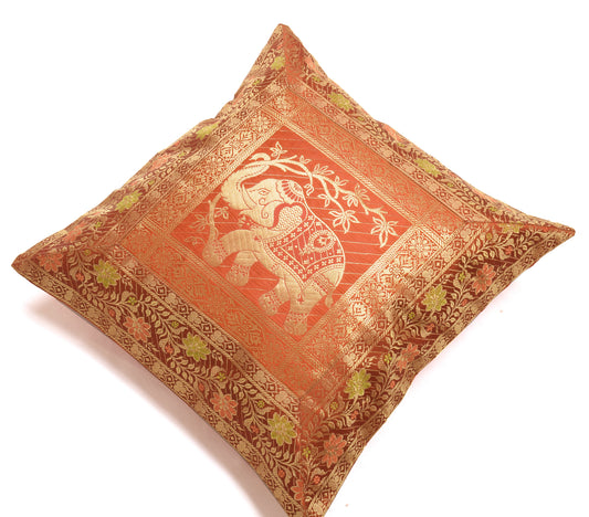 17x17 Inch Indian Woven Zari Brocade Banarasi Silk Elephant Cushion Covers Rust