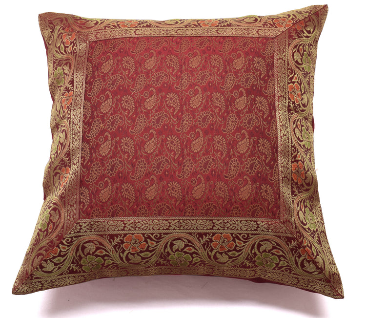 16x16 Inch Indian Woven Zari Brocade Banarasi Silk Paisley Cushion Covers Maroon