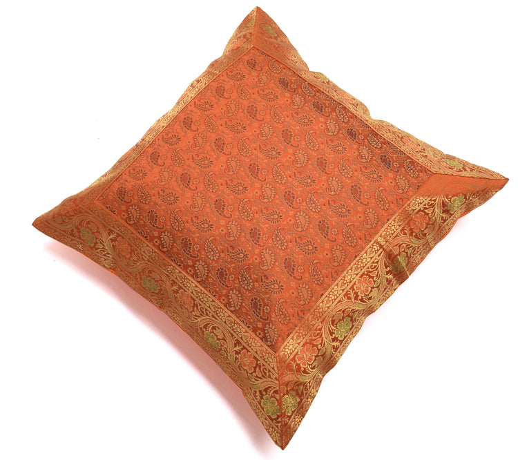 16x16 Inch Indian Woven Zari Brocade Banarasi Silk Paisley Cushion Covers Maroon