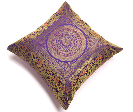 16x16 Inch Indian Woven Zari Brocade Banarasi Silk Mandala Cushion Covers Purple