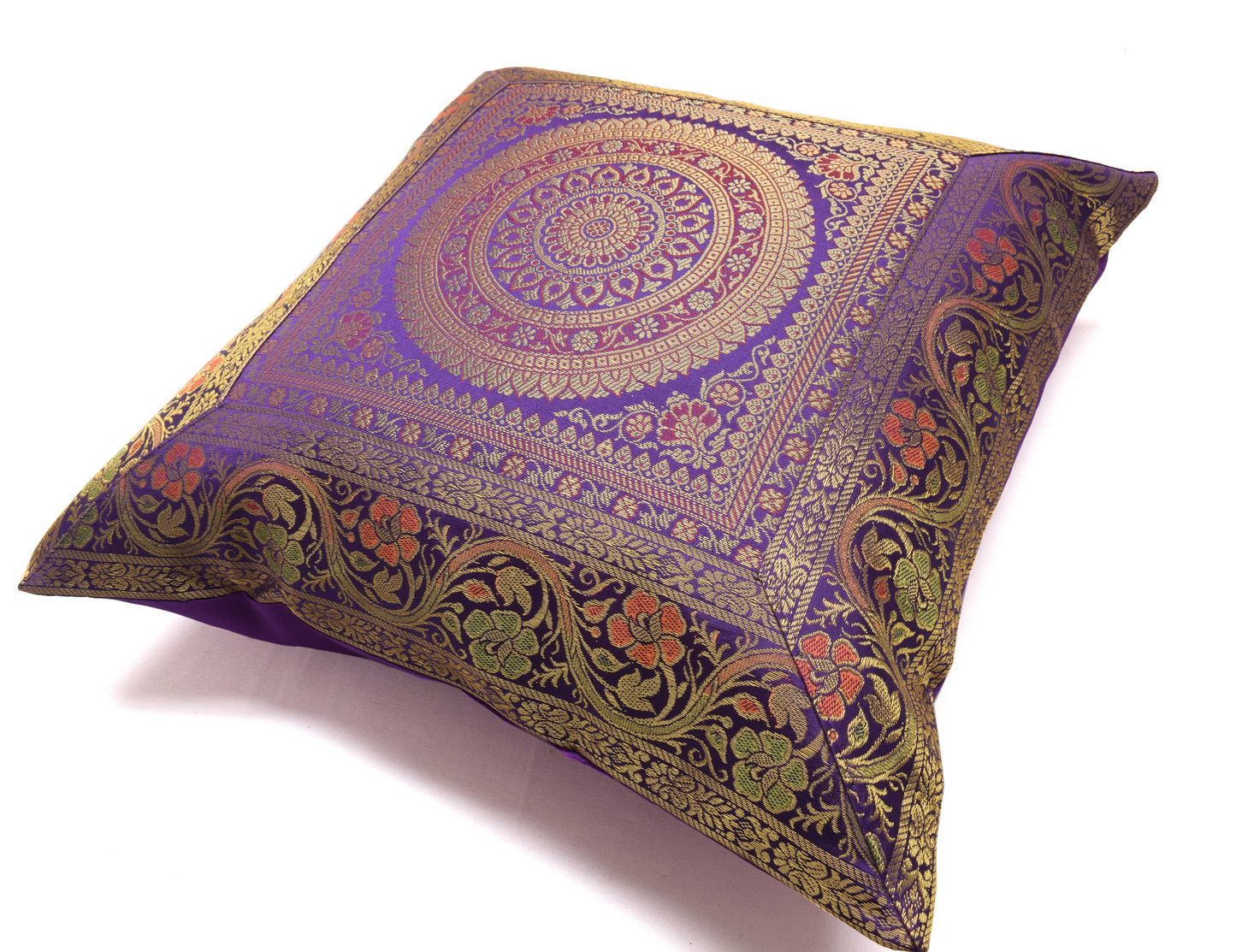 16x16 Inch Indian Woven Zari Brocade Banarasi Silk Mandala Cushion Covers Purple