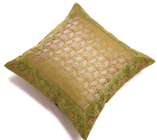 16x16 Inch Indian Woven Zari Brocade Banarasi Silk Paisley Cushion Covers Green