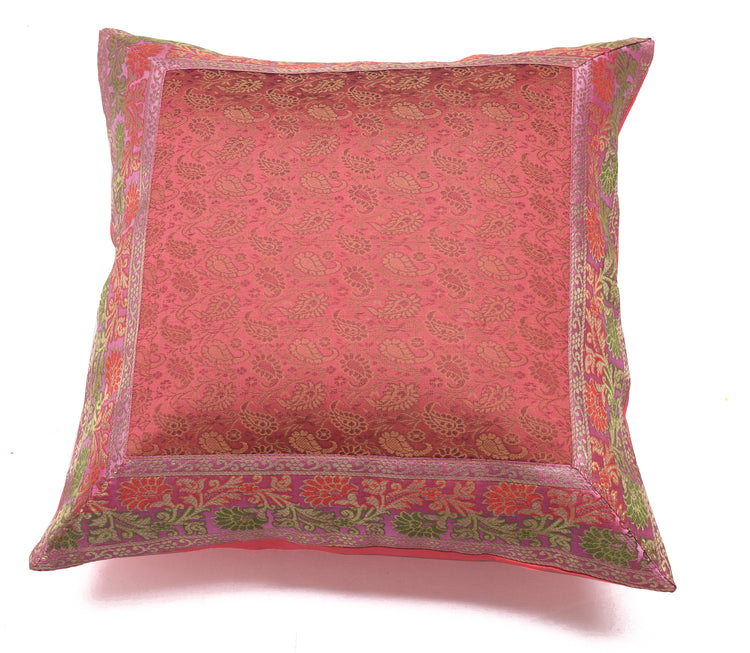 16x16 Inch Indian Woven Zari Brocade Banarasi Silk Paisley Cushion Covers Pink