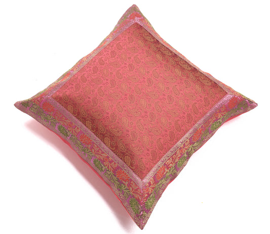 16x16 Inch Indian Woven Zari Brocade Banarasi Silk Paisley Cushion Covers Pink
