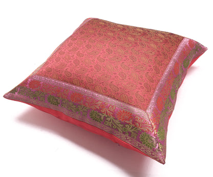 16x16 Inch Indian Woven Zari Brocade Banarasi Silk Paisley Cushion Covers Pink