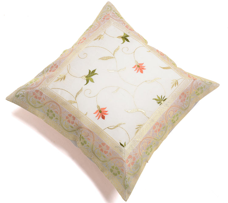 16x16 Inch Indian Woven Zari Brocade Banarasi Silk Floral Cushion Covers White