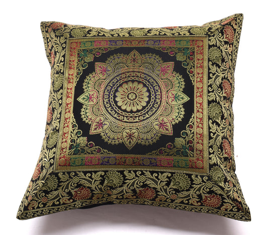 16x16 Inch Indian Woven Zari Brocade Banarasi Silk Mandala Cushion Covers Black